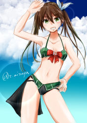 Rule 34 | 1girl, adapted costume, alternate costume, ascot, bare arms, bare legs, bare shoulders, blush, breasts, brown hair, cleavage, collarbone, eyes visible through hair, green eyes, grin, hair between eyes, hair ornament, hair ribbon, hand on own hip, kantai collection, long hair, looking at viewer, medium breasts, red ribbon, ribbon, signature, sketch, smile, solo, suiya chiharu, swimsuit, tone (kancolle), tone kai ni (kancolle), twintails, waving, white ribbon