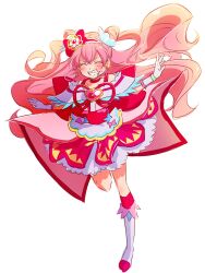 Rule 34 | 1girl, apron, boots, bow, brooch, choker, closed eyes, cone hair bun, cure precious, delicious party precure, earrings, fpminnie1, full body, gloves, grin, hair bun, heart, heart brooch, highres, huge bow, jewelry, long hair, magical girl, nagomi yui, pink bow, pink choker, pink hair, precure, smile, solo, two side up, very long hair, white background, white gloves