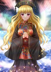 Rule 34 | 1girl, animal print, belt, bird print, black dress, black hat, black sky, blonde hair, blush, bow, bowtie, breasts, brown belt, chinese clothes, closed mouth, crescent, crescent print, dress, earth (planet), fingernails, hair between eyes, hands up, hat, highres, junko (touhou), junko day, kyabekko, large breasts, long fingernails, long hair, long sleeves, looking at viewer, mandarin collar, nail polish, ocean, own hands together, phoenix crown, phoenix print, pink nails, planet, pom pom (clothes), red eyes, red tabard, sky, smile, solo, space, sparkle, standing, tabard, touhou, water, wavy hair, wide sleeves, yellow bow, yellow bowtie