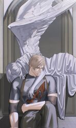 Rule 34 | 1boy, 1girl, angel statue, arm around neck, ashley graham, black pants, blonde hair, closed eyes, elbow sleeve, grey shirt, hair between eyes, hand on another&#039;s shoulder, highres, injury, leon s. kennedy, pants, parted bangs, parted lips, resident evil, resident evil 4, resident evil 4 (remake), shirt, short hair, short sleeves, tight clothes, tight shirt, tile floor, tiles, vhfmrdktybsjogv