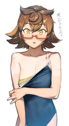 Rule 34 | 1girl, blue one-piece swimsuit, breasts, brown hair, cleavage, commentary request, cowboy shot, flipped hair, glasses, hair flaps, hair ornament, hairclip, looking at viewer, looking over eyewear, medium breasts, megido72, melchom (megido72), one-piece swimsuit, open mouth, red-framed eyewear, semi-rimless eyewear, short hair, simple background, small sweatdrop, solo, soosaresu, spaghetti strap, swimsuit, translation request, undressing, white background, yellow eyes