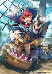 Rule 34 | 1boy, barrel, boots, bow, bowtie, captain nightkid, cardfight!! vanguard, child, company name, day, fangs, feathers, hat, kawasumi (japonica), male focus, official art, open mouth, pirate hat, red hair, ship, sitting, sky, solo, teeth, watercraft, yellow eyes