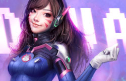 Rule 34 | 1girl, adapted costume, animal print, bad id, bad pixiv id, bodysuit, breasts, brown eyes, brown hair, character name, clenched hand, d.va (overwatch), eyelashes, facepaint, facial mark, gloves, h.a (skfnxh5681), headphones, high collar, highres, lips, long hair, looking at viewer, overwatch, overwatch 1, pilot suit, pink lips, purple background, rabbit print, realistic, ribbed bodysuit, shoulder pads, skin tight, small breasts, smile, solo, swept bangs, upper body, whisker markings, white gloves