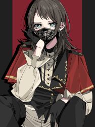 Rule 34 | 1girl, bang dream!, bang dream! it&#039;s mygo!!!!!, black background, black footwear, black gloves, black hair, black mask, black vest, boots, commentary request, earrings, gloves, green eyes, half gloves, head rest, highres, jewelry, long sleeves, looking at viewer, mask, medium hair, mouth mask, nanami (nunnun 0410), pants, red background, sitting, solo, stud earrings, thigh boots, two-tone background, vest, white pants, yahata umiri
