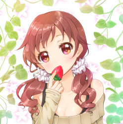 Rule 34 | 1girl, blush, breasts, brown eyes, brown hair, brown sweater, collarbone, commentary request, covered mouth, eyelashes, fingernails, food, fruit, gochuumon wa usagi desu ka?, hair ornament, hair over shoulder, hair scrunchie, hand up, head tilt, highres, holding, holding food, holding fruit, leaf, long hair, long sleeves, looking at viewer, low twintails, natsu megumi, off-shoulder, off-shoulder sweater, plant, ringlets, scrunchie, sleeves past wrists, small breasts, solo, strawberry, sweater, tesserao, twintails, vines, white background, white scrunchie