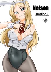 Rule 34 | 1girl, animal ears, blonde hair, blue eyes, breasts, cleavage, commentary request, covered erect nipples, covered navel, cowboy shot, detached collar, fake animal ears, flower, hair between eyes, headgear, hip focus, kantai collection, large breasts, leotard, long hair, looking at viewer, nelson (kancolle), pantyhose, playboy bunny, rabbit ears, red flower, red neckwear, red rose, rose, signature, smile, thighs, timestamp, title, tsukino murakumo, white background, wrist cuffs
