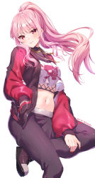 Rule 34 | 1girl, alternate costume, crop top, eyes visible through hair, fishnets, hand in pocket, hand on leg, high ponytail, highres, hololive, hololive english, jacket, jewelry, looking at viewer, midriff, mori calliope, nail polish, navel, necklace, official alternate costume, pants, pendant, pink hair, ponytail, red eyes, red nails, rosuuri, shoe soles, shoes, skull and crossbones, smile, sneakers, sukajan, tank top, virtual youtuber