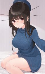 Rule 34 | 1girl, absurdres, alternate costume, alternate hair length, alternate hairstyle, arm at side, bare legs, bed sheet, beret, black hair, blue hat, blue sweater, blunt bangs, blush, breasts, choukai (kancolle), choukai kai ni (kancolle), dress, eyebrows, food, food in mouth, hair ornament, hat, highres, kantai collection, large breasts, long hair, long sleeves, looking at viewer, mouth hold, outstretched arm, pocky, raised eyebrows, reaching, reaching towards viewer, red eyes, revision, rimless eyewear, selfie, sitting, sleeves past wrists, solo, striped, sweater, sweater dress, thighs, vertical stripes, yukichi (sukiyaki39)