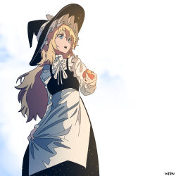 Rule 34 | 1girl, apple, apron, bite mark, black dress, black hat, blonde hair, blouse, blue eyes, commentary, dress, english commentary, food, frills, fruit, hair between eyes, hat, hat ribbon, highres, holding, holding food, holding fruit, kirisame marisa, long hair, long sleeves, neck ribbon, open mouth, ribbon, shirt, signature, skirt hold, solo, teeth, touhou, upper teeth only, waist apron, white apron, white ribbon, white shirt, witch hat, wujurana