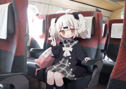 Rule 34 | 1girl, :d, ahoge, backpack, bag, black jacket, black scrunchie, black socks, blush, brown eyes, commentary request, feet out of frame, grey hair, grey sailor collar, grey serafuku, grey shirt, grey skirt, hair ornament, hair scrunchie, hand up, indoors, jacket, long sleeves, looking at viewer, nakkar, on chair, open mouth, original, photo background, plaid, plaid sailor collar, plaid skirt, pleated skirt, puffy long sleeves, puffy sleeves, sailor collar, school uniform, scrunchie, serafuku, shirt, sitting, skirt, sleeves past wrists, smile, socks, solo, train interior, twintails, twitter username, v