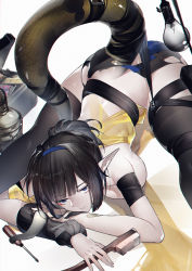 Rule 34 | 1girl, absurdres, arknights, armband, black hair, blue eyes, blue hairband, breasts, brush, chinese commentary, commentary request, convenient arm, eunectes (arknights), hairband, highres, large breasts, light bulb, partial commentary, pointy ears, screwdriver, short hair, simple background, snake tail, solo, tail, thighs, top-down bottom-up, white background, yushe quetzalli