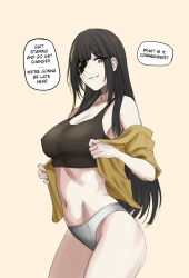 Rule 34 | 1girl, black hair, black tank top, blonde hair, breasts, brown eyes, cleavage, commentary, english commentary, english text, eyepatch, girls&#039; frontline, highres, large breasts, long hair, looking at viewer, m16a1 (girls&#039; frontline), matsu arts, mole, mole under eye, multicolored hair, panties, scar, scar across eye, scar on face, shirt, smile, solo, streaked hair, tank top, underwear, undressing, yellow background, yellow shirt