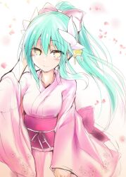 Rule 34 | 1girl, blush, bow, breasts, dragon girl, dragon horns, fate/grand order, fate (series), green hair, hair bow, hair ornament, highres, horns, japanese clothes, kimono, kiyohime (fate), kiyohime (under the same sky) (fate), long hair, long sleeves, looking at viewer, medium breasts, multiple horns, obi, pink kimono, ponytail, sash, sen (astronomy), wide sleeves, yellow eyes