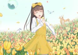 Rule 34 | 1girl, bad arm, bear, blue sky, bow, brown hair, bubble, bug, butterfly, deer, devotion, dress, du meishin, closed eyes, field, flower, flower field, glasses, hair bow, holding, holding flower, insect, long hair, long sleeves, origami, outdoors, pantyhose, shirt, sky, solo, standing, titanic cat, tulip, white pantyhose, white shirt, yellow bow, yellow dress, yellow flower