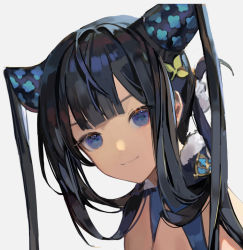 Rule 34 | 1girl, bad id, bad twitter id, black hair, chyoel, closed mouth, fate/grand order, fate (series), hair ornament, head tilt, highres, long hair, looking at viewer, portrait, purple eyes, simple background, smile, solo, white background, yang guifei (fate), yang guifei (second ascension) (fate)