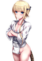 Rule 34 | 1girl, bare legs, blonde hair, blue eyes, blush, breasts, chevalier d&#039;eon (fate), cleavage, crossed arms, fate/grand order, fate (series), female focus, fundoshi, hairband, japanese clothes, looking at viewer, medium hair, rope, shiny skin, simple background, small breasts, solo, standing, tagme, tango (tn500), thighs, white background