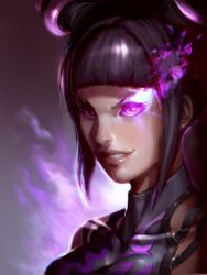 Rule 34 | 1girl, black hair, blunt bangs, breasts, collarbone, drill hair, evil grin, evil smile, eyelashes, glowing, glowing eye, grin, halterneck, han juri, jimbobox, lips, nose, purple eyes, short twintails, smile, solo, street fighter, street fighter iv (series), twin drills, twintails, upper body