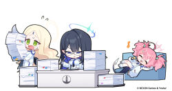 Rule 34 | 3girls, @ @, ayumu (blue archive), black hair, black wings, blonde hair, blue archive, blue eyes, breasts, chibi, couch, crossed legs, desk, eating, food, forehead jewel, glasses, green eyes, hair between eyes, halo, holding, horns, long hair, low wings, lying, medium breasts, momoka (blue archive), multiple girls, musical note, nemoga, off shoulder, official art, on back, paper, paper stack, pink hair, pointy ears, rin (blue archive), sharp teeth, simple background, sweat, tail, teeth, white background, wings