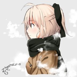 Rule 34 | 1girl, 2016, ahoge, artist name, black bow, black scarf, blonde hair, bow, breath, buttons, coat, commentary, dated, fate (series), from side, grey background, half updo, koha-ace, mugipot, okita souji (fate), okita souji (koha-ace), ponytail, profile, scarf, signature, solo, upper body, yellow eyes
