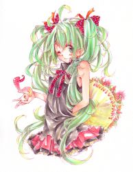 Rule 34 | 1girl, bouquet, flower, green eyes, green hair, hair ribbon, hatsune miku, kawana (spicaboy), long hair, matching hair/eyes, one eye closed, ribbon, simple background, skirt, solo, spicaboy, traditional media, twintails, very long hair, vocaloid, white background, wink