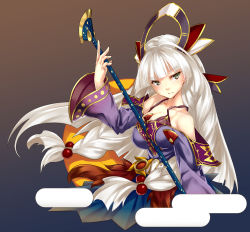 Rule 34 | 1girl, ar nosurge, between breasts, breasts, green eyes, hair ornament, highres, kanon (ar nosurge), kanoyeel kkll preciel, long hair, long sleeves, ntny, official art, simple background, solo, staff, surge concerto, white hair