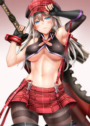 Rule 34 | 10s, 1girl, adjusting clothes, adjusting headwear, alisa ilinichina amiella, blonde hair, blue eyes, blush, boots, breasts, cabbie hat, colored eyelashes, covered erect nipples, cowboy shot, female focus, fingerless gloves, gloves, god eater, gradient background, hat, large breasts, long hair, looking at viewer, md5 mismatch, oni-noboru, pantyhose, skirt, solo, suspender skirt, suspenders, sweat, thigh boots, thighhighs, underboob, weapon