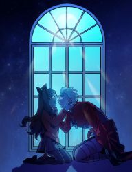 Rule 34 | 1boy, 1girl, archer (fate), bad id, bad twitter id, black hair, blue background, commentary request, fate/stay night, fate (series), highres, holding another&#039;s head, kneeling, looking at another, moonlight, redmin 0415, short hair, tohsaka rin, white hair, window