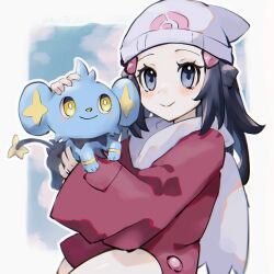 Rule 34 | 1girl, absurdres, asatte 3z, beanie, black hair, blue eyes, closed mouth, coat, creatures (company), dawn (pokemon), game freak, gen 4 pokemon, hair ornament, half updo, hat, highres, holding, holding pokemon, long hair, long sleeves, looking at viewer, nintendo, outline, pokemon, pokemon (creature), pokemon dppt, pokemon platinum, red coat, scarf, shinx, smile, twitter username, white hat, white outline, white scarf
