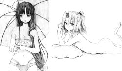 Rule 34 | 2girls, absurdres, ass, bed sheet, bikini, blunt bangs, blush, bow, breasts, cleavage, greyscale, hair bow, highres, holding, holding umbrella, kantai collection, large breasts, long hair, looking at viewer, low-tied long hair, lying, monochrome, multiple girls, nude, on stomach, open mouth, pillow, ponytail, shouhou (kancolle), simple background, small breasts, smile, swimsuit, traditional media, tsuji kazuho, umbrella, zuihou (kancolle)
