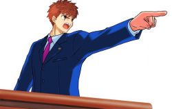 Rule 34 | 1boy, capcom, emiya shirou, fate/stay night, fate (series), ace attorney, male focus, phoenix wright, objection, parody, pointing, solo, third-party edit