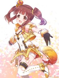 Rule 34 | 1girl, asymmetrical sleeves, blush, boots, breasts, brown eyes, brown hair, cleavage, commentary, cropped jacket, crown, detached sleeves, fake tail, fox tail, fur trim, gloves, hair bobbles, hair ornament, high heel boots, high heels, idolmaster, idolmaster cinderella girls, idolmaster cinderella girls starlight stage, knee boots, long hair, mini crown, mizuki makoto, ogata chieri, open mouth, party time gold, short shorts, shorts, single glove, small breasts, smile, solo, sparkle, star (symbol), tail, twintails, twitter username, uneven sleeves