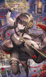 Rule 34 | 1girl, bare shoulders, black dress, black gloves, black hair, black thighhighs, blood, blush, boots, breasts, building, city lights, cleavage, closed mouth, collarbone, dagger, dress, dual wielding, duplicate, earrings, fingerless gloves, floating hair, flower, foot out of frame, gloves, gold hairband, hair flower, hair ornament, hairband, high heel boots, high heels, highres, holding, holding dagger, holding knife, holding weapon, jewelry, knife, lamppost, large breasts, long hair, looking at viewer, medium breasts, nail polish, night, night sky, petals, pixel-perfect duplicate, red eyes, red flower, red nails, red rose, rooftop, rose, rose petals, sidelocks, sky, solo, spikes, spinning, spy x family, stairs, thigh boots, thighhighs, thorns, torino aqua, undefined, weapon, window, yor briar