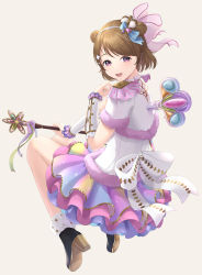 Rule 34 | 1girl, absurdres, alternate hairstyle, aqua bow, artist name, artist request, back bow, bare legs, black footwear, blush, boots, bow, breasts, bridal garter, brown hair, cleavage, colorful festival (love live!), cross-laced clothes, cross-laced dress, crown, detached collar, double bun, double horizontal stripe, dress, earrings, epaulettes, female focus, floating hair, frilled dress, frills, from behind, full body, fur-trimmed boots, fur-trimmed dress, fur-trimmed footwear, fur-trimmed jacket, fur-trimmed skirt, fur trim, gem, hair between eyes, hair bow, hair bun, hair ornament, heart, heart (symbol), heart earrings, heart print, high heel boots, high heels, highres, holding, holding key, jacket, jewelry, key, koizumi hanayo, legwear garter, looking at viewer, looking back, love live!, love live! school idol festival, love live! school idol festival all stars, love live! school idol project, miniskirt, neckerchief, parted lips, pearl (gemstone), pink bow, plaid, plaid dress, plaid skirt, pleated, pleated dress, pleated skirt, purple eyes, purple neckerchief, rainbow skirt, sash, short hair, short sleeves, single legwear garter, skirt, smile, solo, sparkle hair ornament, star (symbol), star print, striped, striped bow, wavy hair, white background, white bow, white detached collar, white dress, white jacket, white sleeves