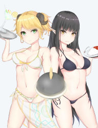 Rule 34 | 2girls, absurdres, aletta, arm up, bad id, bad pixiv id, bare arms, bare shoulders, bikini, black bikini, blonde hair, blunt bangs, breasts, brown eyes, cleavage, closed mouth, collarbone, contrapposto, cowboy shot, cup, curry, curry rice, drink, drinking glass, eyelashes, food, food on face, foreshortening, frilled bikini, frills, front-tie bikini top, front-tie top, fruit, gluteal fold, green eyes, grey background, highres, holding, holding tray, horns, isekai shokudou, kiwi (fruit), kiwi slice, kuro (isekai shokudou), legs apart, lemon, lemon slice, long hair, looking at viewer, medium breasts, multiple girls, pointy ears, rice, sarong, sherryqq, short hair, side-tie bikini bottom, sidelocks, simple background, smile, spoon, standing, straight hair, swept bangs, swimsuit, thighs, tray, tsurime, very long hair, white bikini