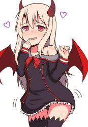 Rule 34 | absurdres, bare shoulders, black dress, black panties, black thighhighs, blonde hair, blush, bow, bowtie, commentary request, cosplay, demon girl, demon horns, demon wings, dress, fate/kaleid liner prisma illya, fate (series), finger to mouth, frilled dress, frills, grim aloe, grim aloe (cosplay), hair between eyes, hands up, heart, highres, horns, illyasviel von einzbern, long hair, long sleeves, low wings, mitchi, nose blush, off shoulder, panties, pantyshot, parted lips, quiz magic academy, quiz magic academy the world evolve, red bow, red bowtie, red eyes, red wings, simple background, smile, solo, standing, thighhighs, underwear, very long hair, white background, wings