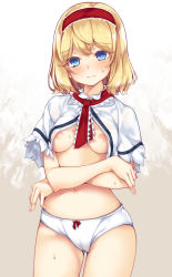 Rule 34 | 1girl, alice margatroid, aqua eyes, blonde hair, blue eyes, blush, breasts, cameltoe, capelet, commentary request, cowboy shot, crossed arms, embarrassed, frown, hair between eyes, hairband, highres, lolita hairband, looking at viewer, lun (fatalism2018), medium breasts, medium hair, navel, nipples, no bra, no dress, no pants, open clothes, open shirt, panties, solo, sweat, touhou, underwear, white panties