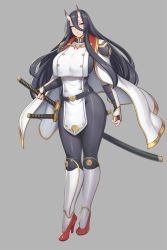 Rule 34 | 1girl, arm guards, armored boots, asahi (lvl), belt, belt buckle, black hair, boots, breasts, buckle, cape, epaulettes, fingerless gloves, gloves, gold trim, grey background, hair between eyes, half-closed eyes, hanging, high heels, highres, horns, huge breasts, katana, large breasts, long hair, looking at viewer, lvl (sentrythe2310), military, military uniform, monochrome background, oni, oni horns, original, pale skin, pelvic curtain, red eyes, scabbard, sheath, simple background, skin tight, solo, sword, uniform, very long hair, wakizashi, weapon, wind, wind lift
