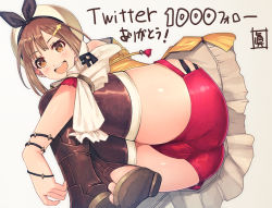 Rule 34 | 1girl, :d, atelier (series), atelier ryza, atelier ryza 1, brown eyes, brown hair, brown thighhighs, hat, looking at viewer, mahito, open mouth, red shorts, reisalin stout, short hair, short shorts, shorts, smile, solo, teeth, thighhighs, thighs, white hat
