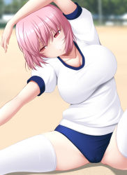 Rule 34 | 1girl, alternate costume, arm up, blue buruma, blurry, blurry background, blush, breasts, buruma, collarbone, commentary, day, depth of field, gym shirt, gym uniform, hair between eyes, highres, large breasts, nori tamago, outdoors, parted lips, pink hair, red eyes, saigyouji yuyuko, shirt, short hair, short sleeves, sitting, solo, spread legs, stretching, thighhighs, touhou, white shirt, white thighhighs