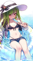 Rule 34 | 1girl, absurdres, alternate costume, bikini, bikini under clothes, bikini under shorts, black bikini, bow, commentary request, curry bowl, delutaya, denim, denim shorts, diagonal bangs, food, food in mouth, front-tie bikini top, front-tie top, green hair, hair ornament, hairclip, hat, hat bow, highleg, highleg bikini, highres, holding, holding food, holding popsicle, indie virtual youtuber, jacket, long hair, looking at viewer, multicolored hair, navel, on innertube, open clothes, open jacket, pink hair, popsicle, popsicle in mouth, red eyes, short shorts, shorts, single bare shoulder, solo, streaked hair, sun hat, swimsuit, triangle hair ornament, very long hair, virtual youtuber, water, white hat, white jacket