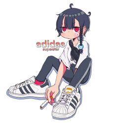 Rule 34 | 1girl, adidas, ahoge, black hair, black leggings, braid, breasts, cigarette, drop shadow, fanny pack, full body, hair ornament, highres, holding, holding cigarette, leggings, looking at viewer, nao97122, original, product placement, red eyes, red socks, ribbed socks, shirt, shirt tucked in, shoes, short sleeves, side braid, simple background, single braid, sitting, small breasts, smoking, sneakers, socks, solo, sticker on face, t-shirt, triple vertical stripe, white background, white footwear, white shirt