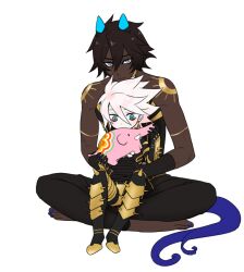 Rule 34 | 2boys, aged down, arin66, arjuna (fate), arjuna alter (fate), barefoot, black gloves, black hair, blue eyes, blue nails, brothers, child, colored skin, dark-skinned male, dark skin, fate/grand order, fate (series), gloves, hair between eyes, karna (fate), looking at viewer, male focus, multiple boys, short hair, siblings, sitting, sitting on lap, sitting on person, stuffed animal, stuffed toy, tail, very dark skin, white background, white hair, white skin