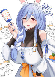 Rule 34 | 1girl, absurdres, animal ear fluff, animal ears, black bodysuit, blue hair, blush, bodysuit, bow, braid, braided ponytail, breasts, cleavage, detached sleeves, dress, hair bow, hair over shoulder, highres, holding, holding rattle, hololive, huge breasts, long hair, looking at viewer, mature female, michill 1121, open mouth, pekomama, pekomon (usada pekora), rabbit-shaped pupils, rabbit ears, rabbit girl, rattle, red eyes, short eyebrows, smile, symbol-shaped pupils, virtual youtuber, white background, white bow, white dress, white hair, white sleeves
