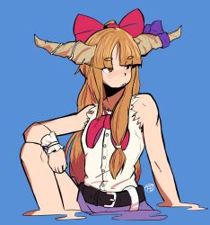 Rule 34 | 1girl, belt, black belt, blue background, bow, bowtie, breasts, brown eyes, brown hair, brown horns, buttons, closed mouth, expressionless, feet out of frame, hair bow, highres, horn bow, horn ornament, horns, ibuki suika, long hair, looking afar, looking to the side, purple bow, purple skirt, red bow, red bowtie, shirt, simple background, skirt, sleeveless, sleeveless shirt, small breasts, solo, the t, thick eyebrows, torn clothes, torn sleeves, touhou, very long hair, white shirt, wrist cuffs