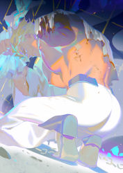 Rule 34 | 1boy, blonde hair, crystal, closed eyes, kneeling, kray foresight, male focus, mescle, missing limb, nipples, pectorals, promare, rei (sanbonzakura), topless male, solo, spoilers, torn clothes