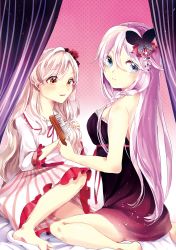 Rule 34 | 2girls, bad id, bad pixiv id, barefoot, blue eyes, butterfly hair ornament, comb, hair ornament, hairdressing, ia (vocaloid), long hair, mayu (vocaloid), multiple girls, tiny (tini3030), vocaloid, yellow eyes