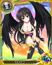 Rule 34 | 1girl, belt, bikini, bikini under clothes, black bikini, black gloves, black hair, black thighhighs, black wings, blush, breasts, card (medium), character name, chess piece, cleavage, collar, gloves, high school dxd, large breasts, leaning forward, long hair, looking at viewer, official art, pawn (chess), pink eyes, purple belt, purple collar, raynare, smile, solo, swimsuit, thigh gap, thighhighs, torn bikini, torn clothes, trading card, underboob, wings