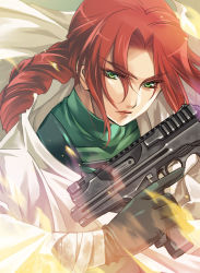 Rule 34 | 1girl, b&amp;t mp9, coat, drill hair, fire, gloves, green eyes, green gloves, gun, kanikame, lipstick, makeup, maria (metal max), metal max, metal max 2 reloaded, red hair, red lips, solo, submachine gun, trigger discipline, upper body, weapon
