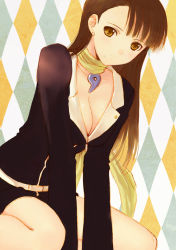 Rule 34 | 1girl, ace attorney, arm support, belt, belt skirt, between legs, black dress, blazer, blunt bangs, breasts, brown hair, buttons, capcom, checkered background, cleavage, dress, earrings, hand between legs, jacket, jewelry, large breasts, leaning forward, light smile, long hair, long sleeves, looking at viewer, magatama, mia fey, mole, mole under mouth, orange eyes, scarf, seiru (prairie), short dress, sitting, smile, solo, wariza, yellow eyes