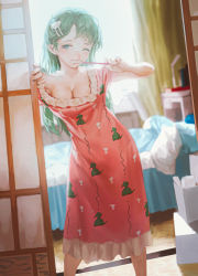 Rule 34 | 1girl, absurdres, animal print, bad id, bad pixiv id, bed, blush, breasts, brushing teeth, cleavage, commentary request, congming lan, curtains, feet out of frame, fingernails, frills, frog hair ornament, green hair, hair ornament, highres, holding, indoors, kochiya sanae, long hair, looking at viewer, medium breasts, morning, nightgown, one eye closed, short sleeves, shouji, sliding doors, solo, toothbrush, touhou